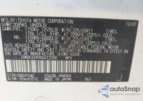 2008 Toyota Rav4 Base V6 z USA, uszkodzony, nr VIN JTMZK33V986012280
